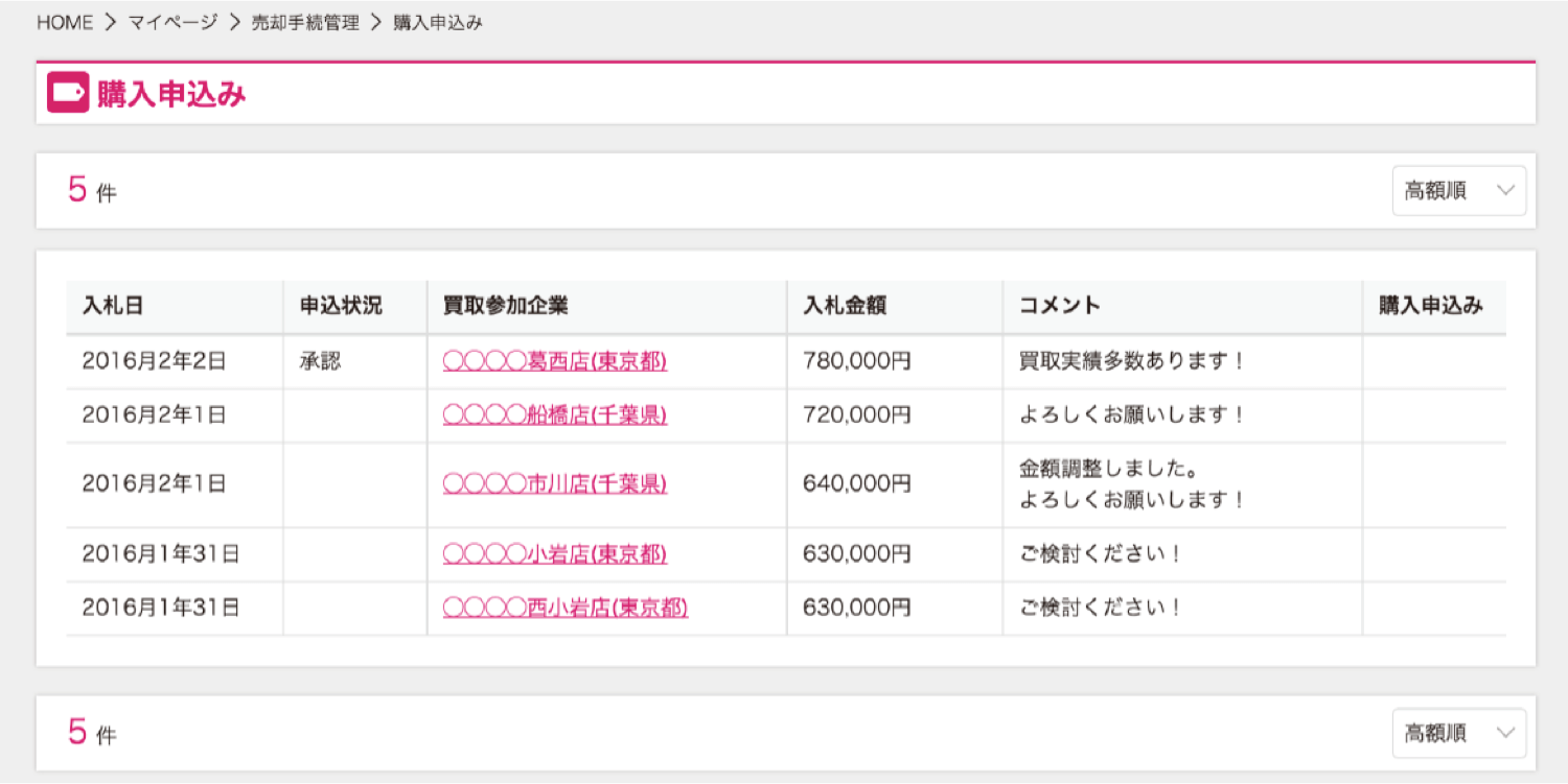 ユーカーパックの入札確認画面